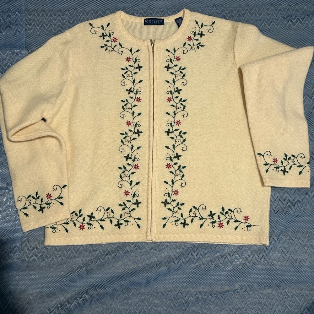 Karen Scott Cream Zip-Front Cardigan with Floral Embroidery